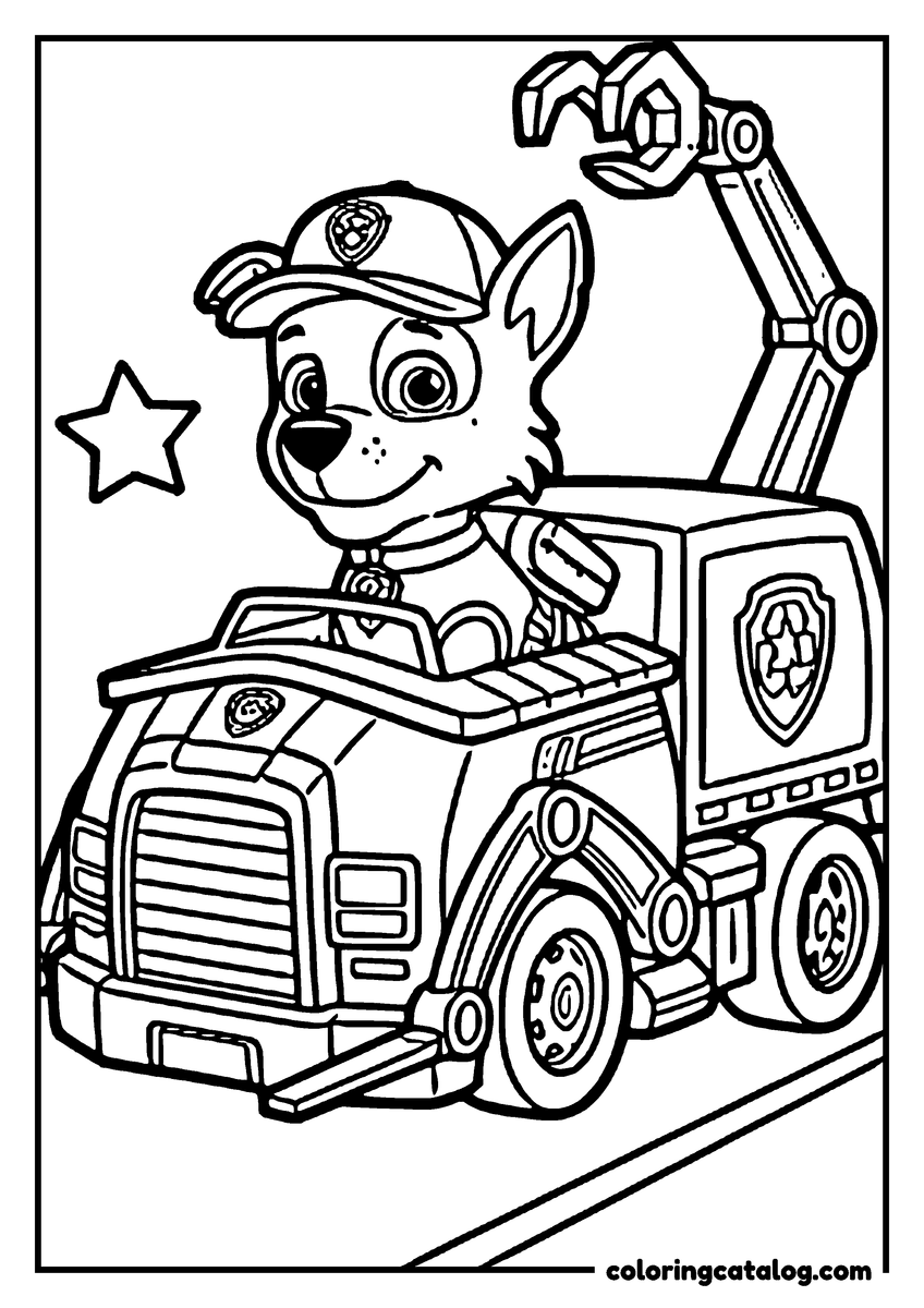 Free Paw patrol coloring sheet: Rocky driving his recycling truck with its crane claw raised, a star beside him