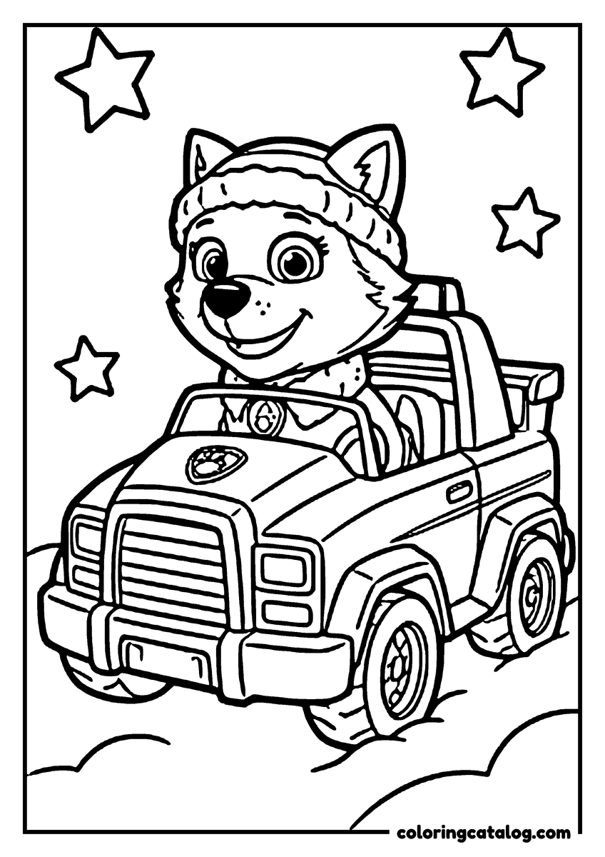 Paw patrol coloring page: Everest in her knitted hat driving a pickup truck over the snow, stars above