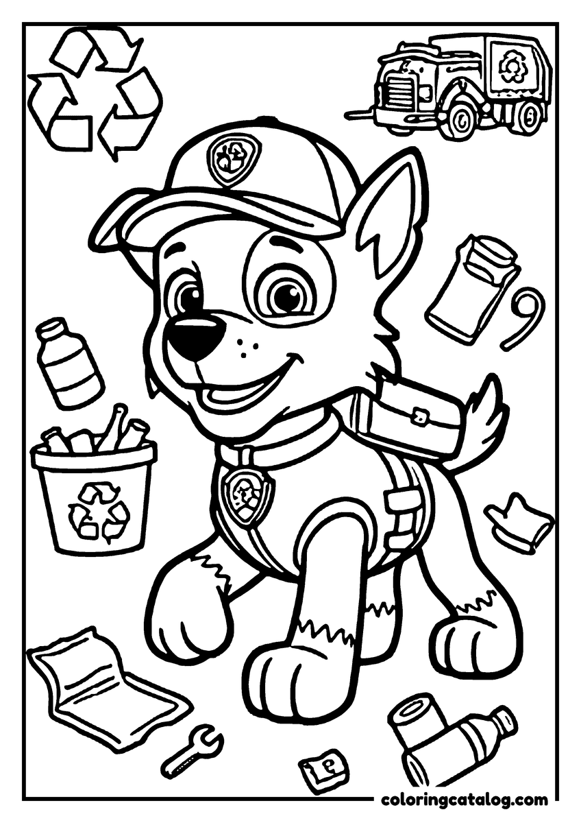 Paw patrol coloring page: Rocky surrounded by a bottle, a can, a newspaper and a spanner, his recycling bin beside him