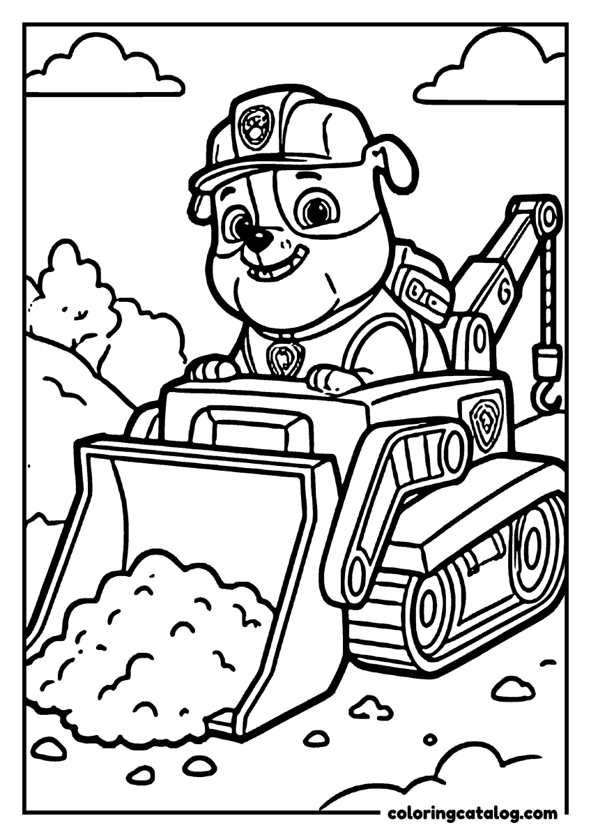 Free Paw patrol coloring sheet: Rubble in his hard hat driving his bulldozer, its bucket full of sand