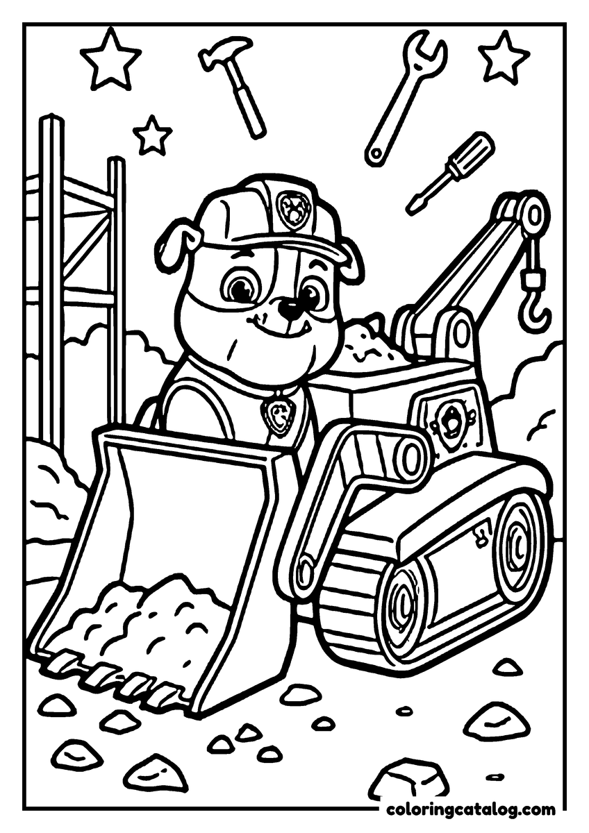 Paw patrol coloring page: Rubble at the controls of his bulldozer on a building site, tools floating overhead