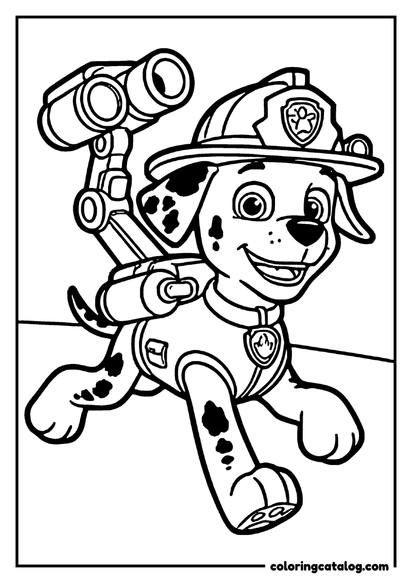 Paw patrol coloring page: Marshall the dalmatian running in his fire helmet, his hose pack strapped to his back