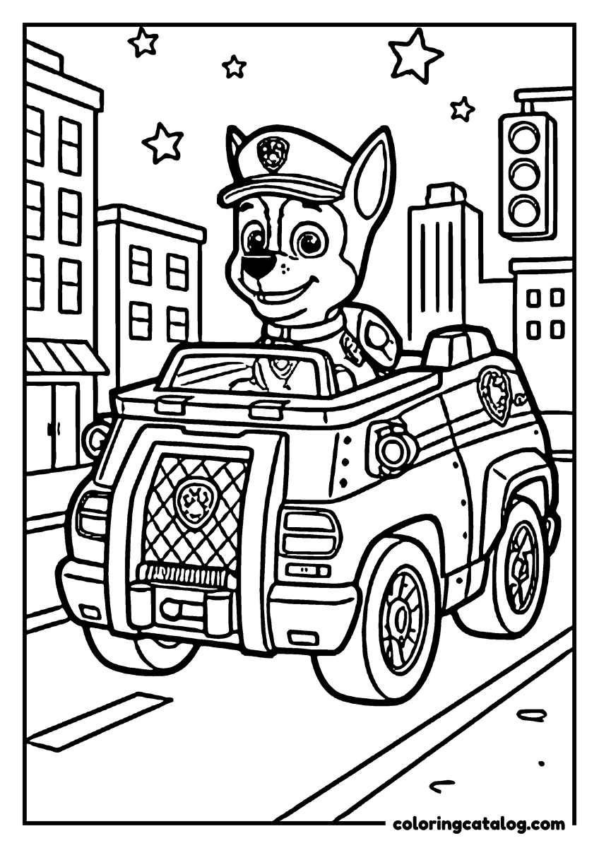 Paw patrol coloring page: Chase driving his police truck down a city street past a traffic light, under the stars
