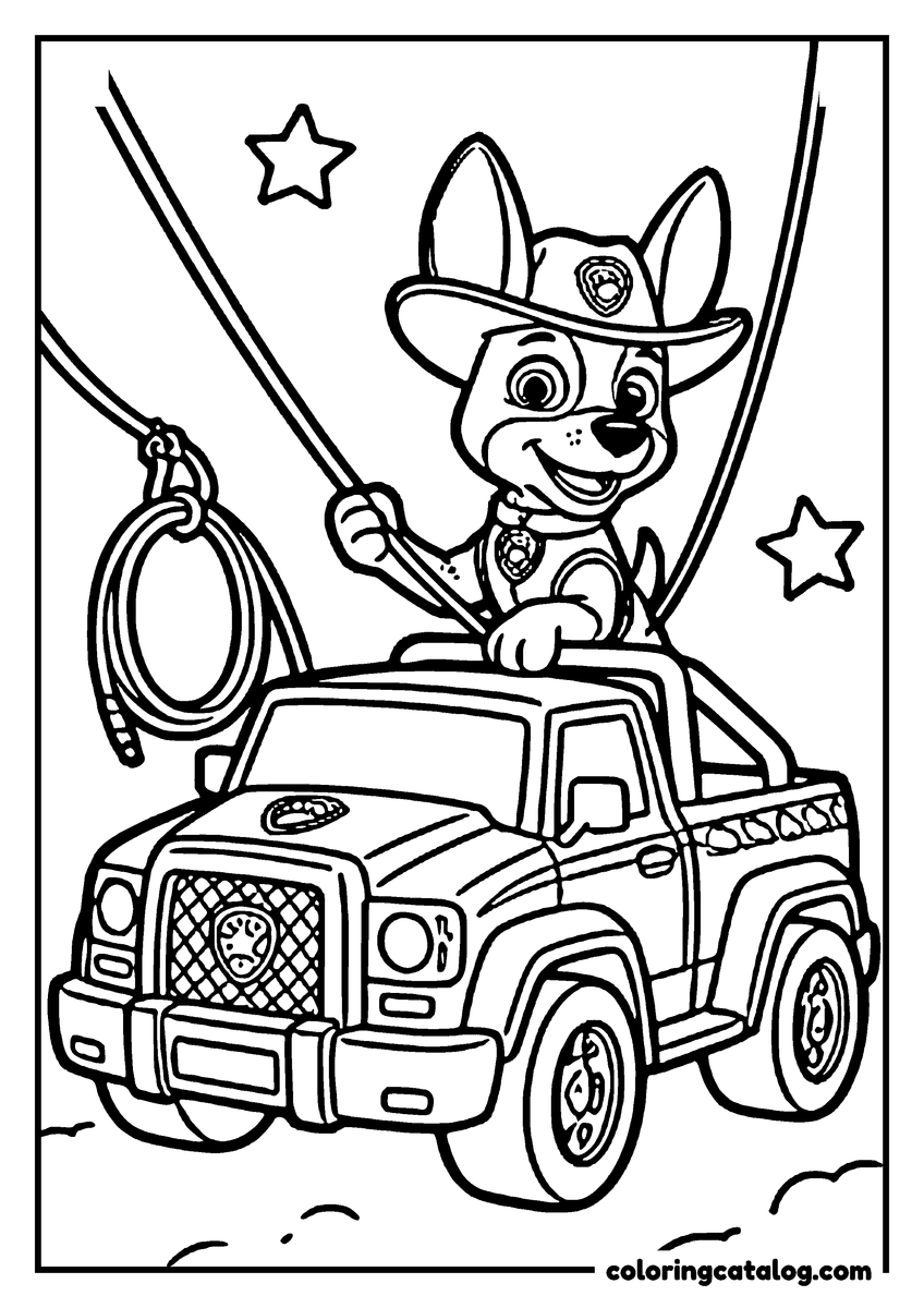 Free Paw patrol coloring sheet: A pup in a wide-brimmed hat standing up in a jeep and swinging a lasso
