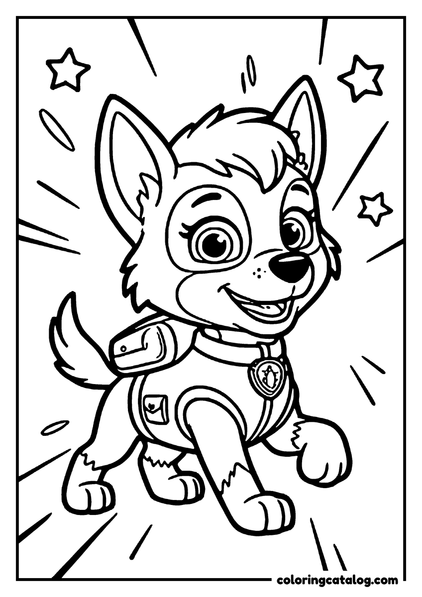 Paw patrol coloring page: A husky pup running in her harness and pack, speed lines and stars behind her