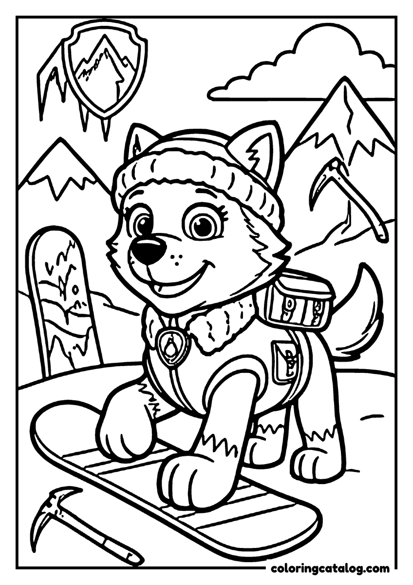 Free Paw patrol coloring sheet: Everest crouched on a snowboard, ice axes and snowy peaks around her