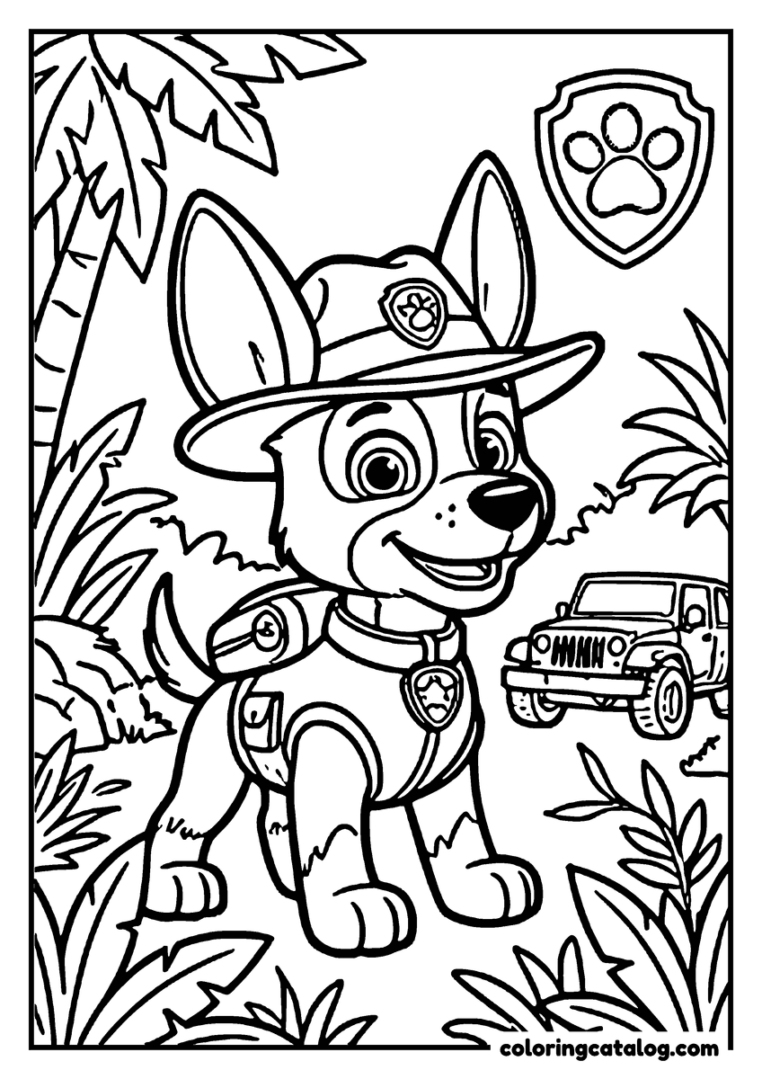 Free Paw patrol coloring sheet: A pup in a wide-brimmed hat standing in thick jungle, his jeep parked behind him