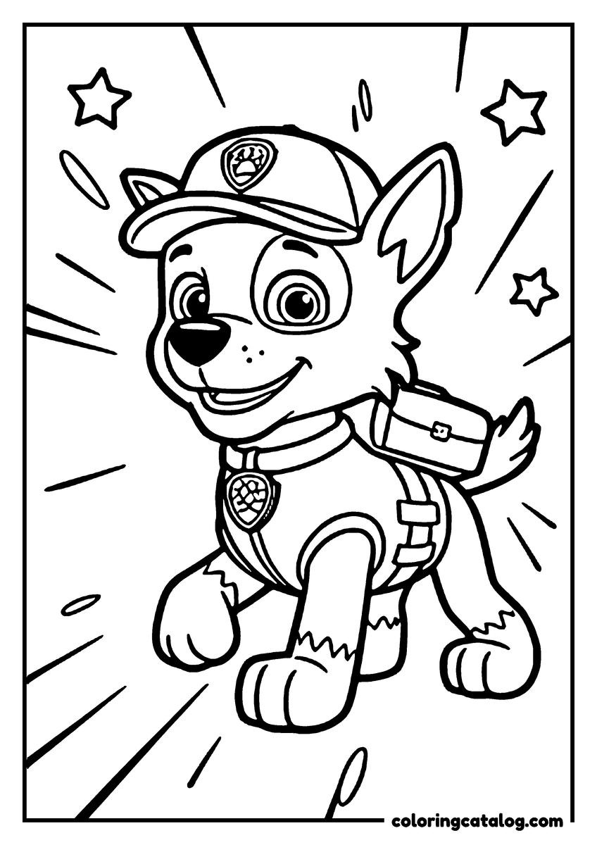 Paw patrol coloring page: Rocky running in his cap with his toolbox pack, stars and speed lines around him