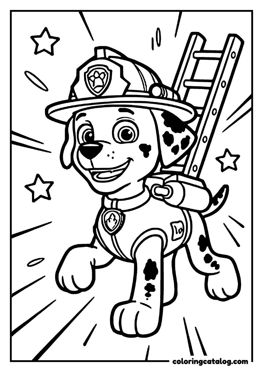 Printable Paw patrol coloring page: Marshall running with his ladder on his back, stars and speed lines behind him
