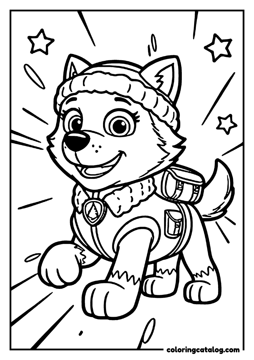 Paw patrol coloring page: Everest running in her knitted hat and scarf, her pack on her back