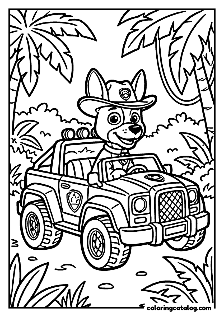 Free Paw patrol coloring sheet: A pup in a wide-brimmed hat driving an open jeep between palm trees