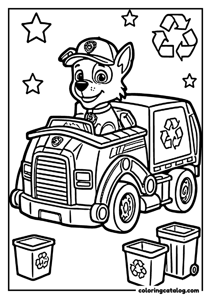 Paw patrol coloring page: Rocky driving his recycling truck past three wheelie bins, a recycling symbol above