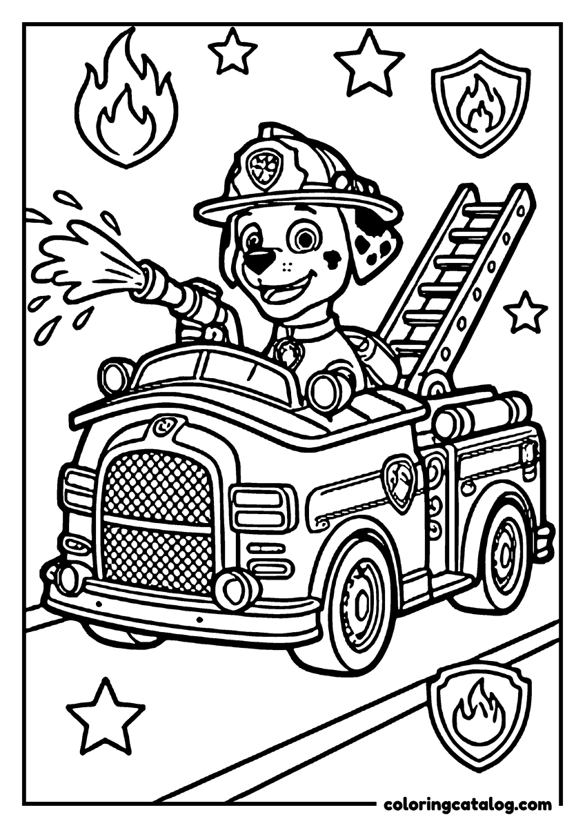 Free Paw patrol coloring sheet: Marshall driving his fire engine and spraying water from the hose, its ladder raised behind
