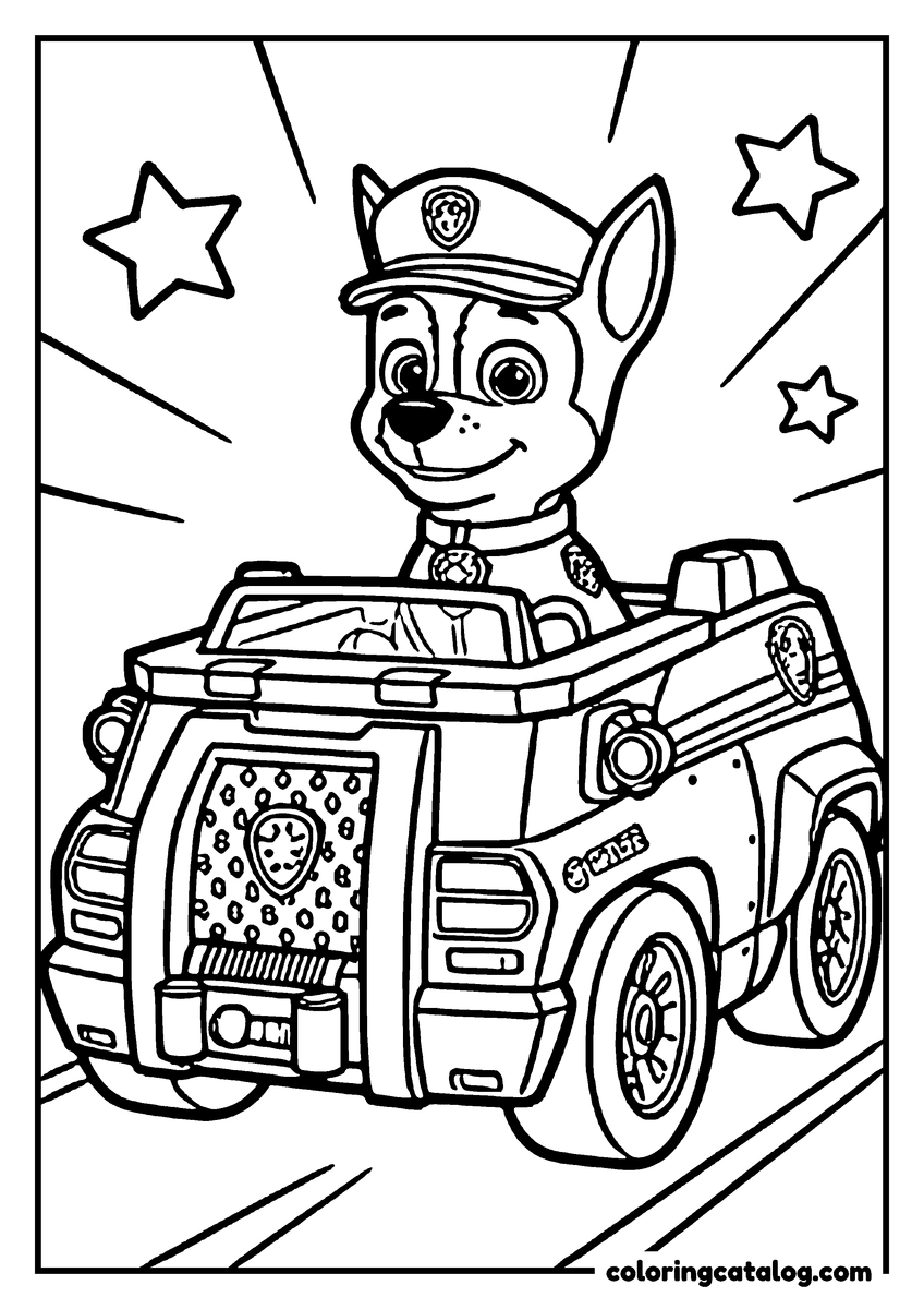 Printable Paw patrol coloring page: Chase driving his police truck along a road, in his cap, with stars behind him
