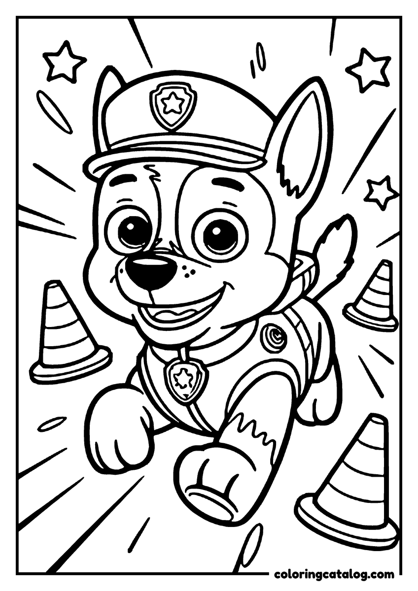 Free Paw patrol coloring sheet: Chase bounding forward between two traffic cones, drawn close up with stars around him