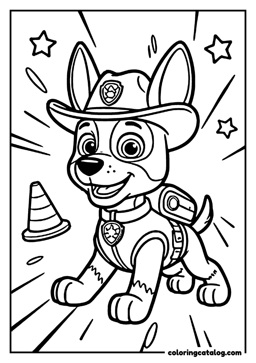 Paw patrol coloring page: A pup in a wide-brimmed hat running past a traffic cone, drawn close up