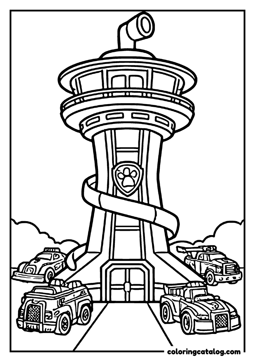 Paw patrol coloring page: The Lookout tower with its telescope and slide, four rescue vehicles parked around it
