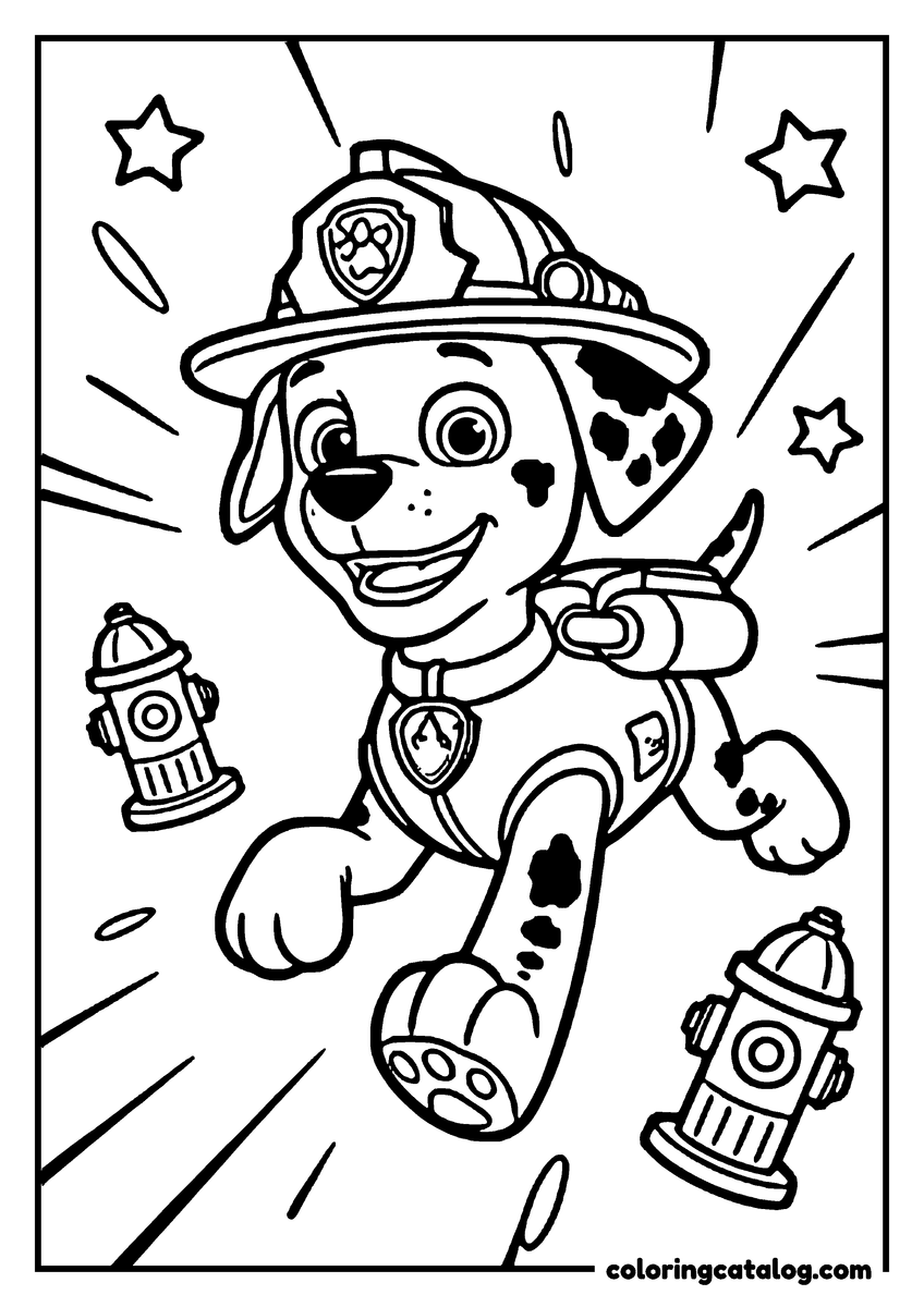 Paw patrol coloring page: Marshall running between two fire hydrants, stars and speed lines around him