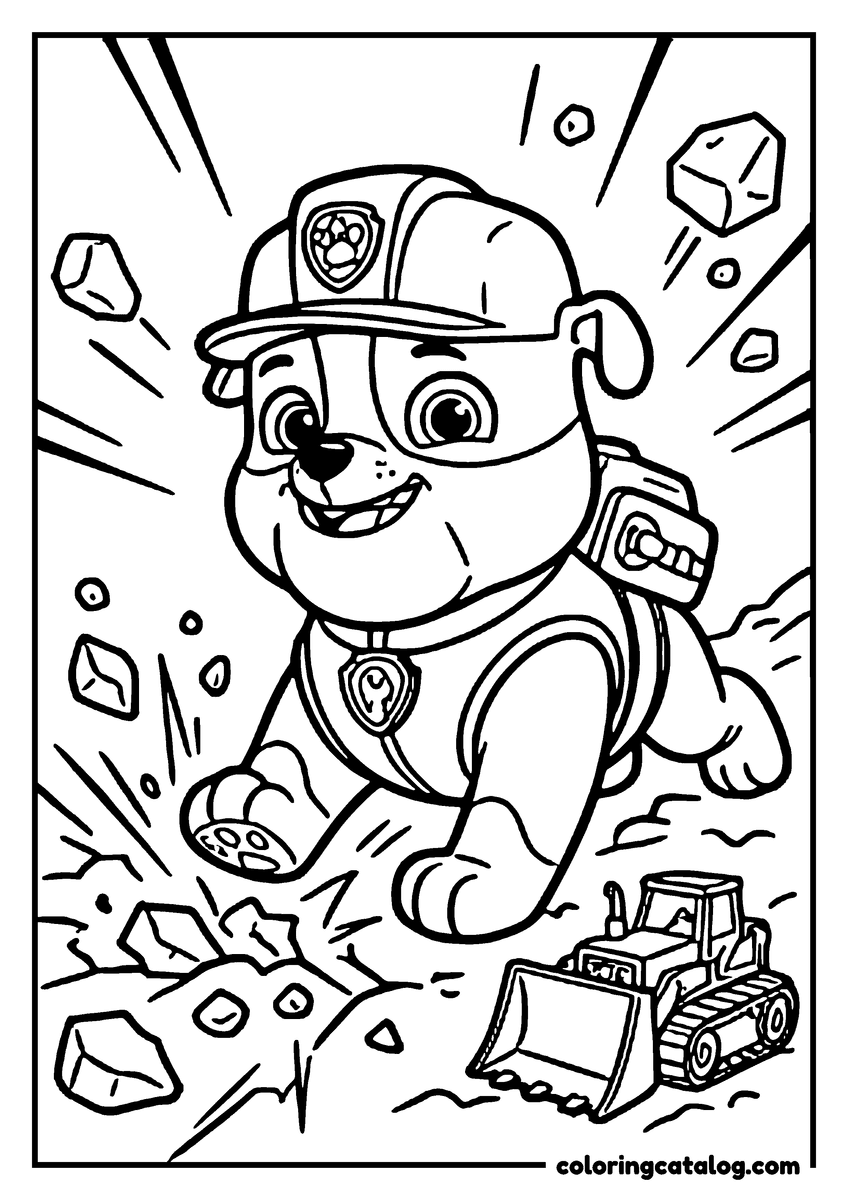 Printable Paw patrol coloring page: Rubble scrambling over broken rock, his bulldozer working behind him