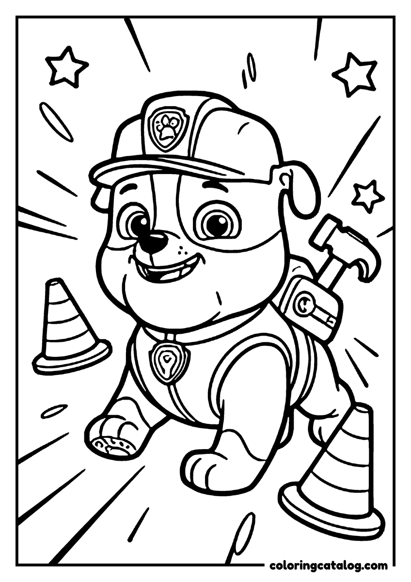 Paw patrol coloring page: Rubble the bulldog running with a hammer in his pack, traffic cones on either side