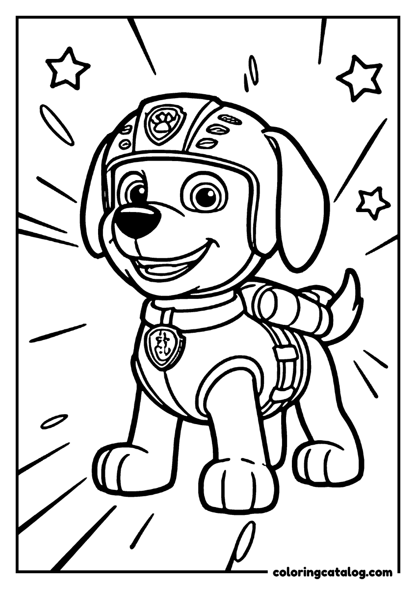 Paw patrol coloring page: Zuma running in his diving helmet, his air tank strapped on, stars behind him