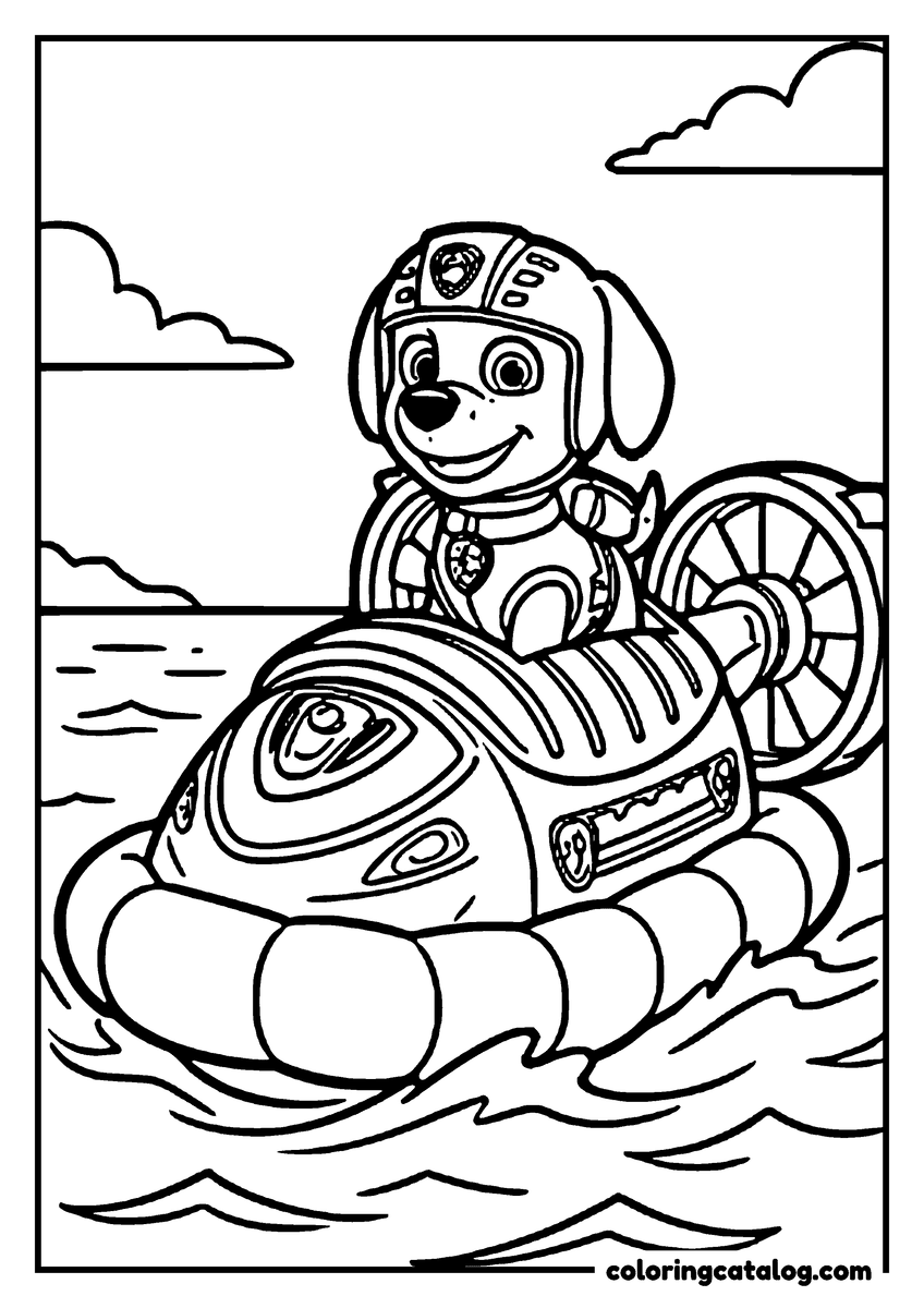 Free Paw patrol coloring sheet: Zuma riding his hovercraft over open water, clouds low on the horizon