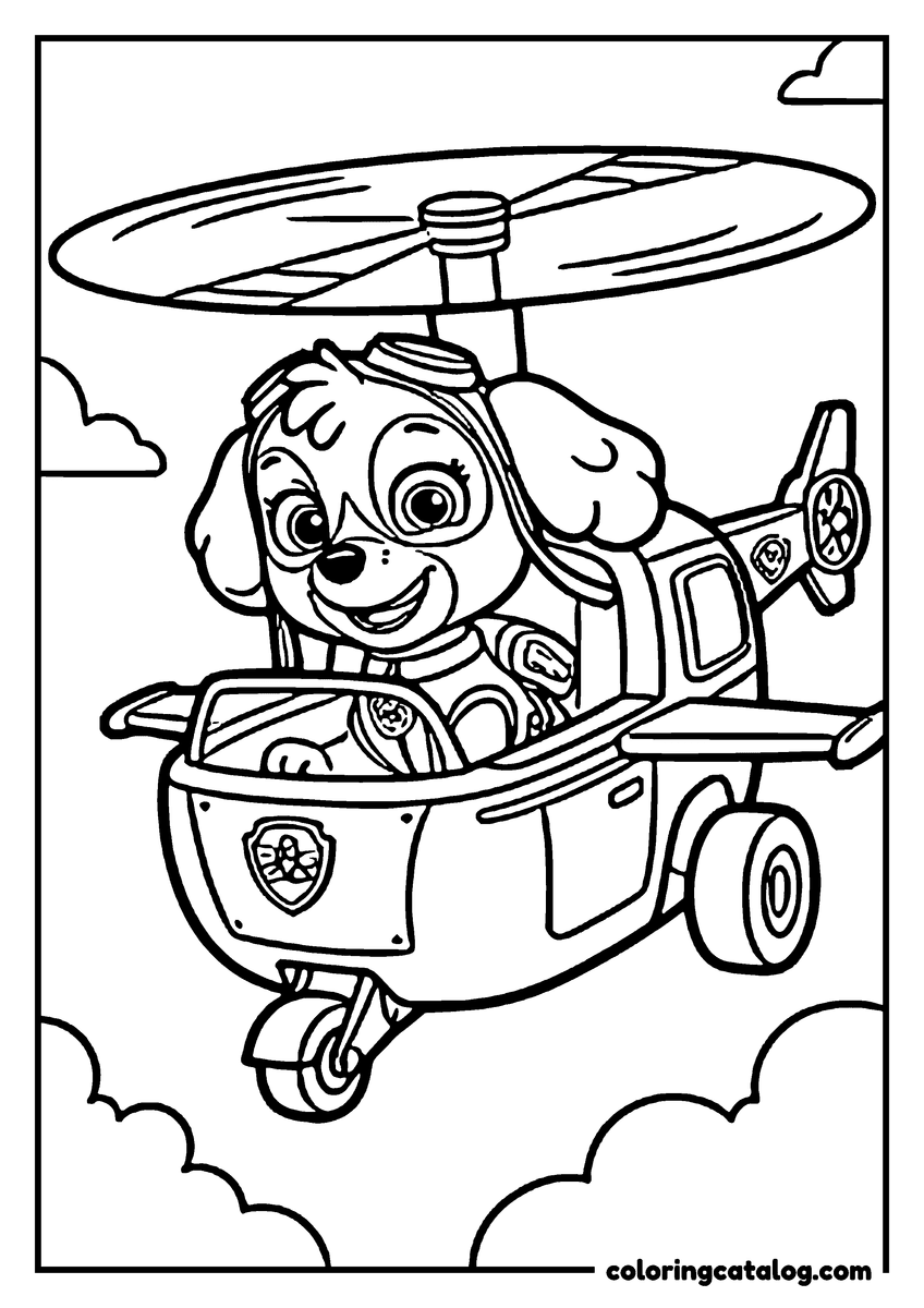 Free Paw patrol coloring sheet: Skye flying her helicopter through the clouds, in her goggles