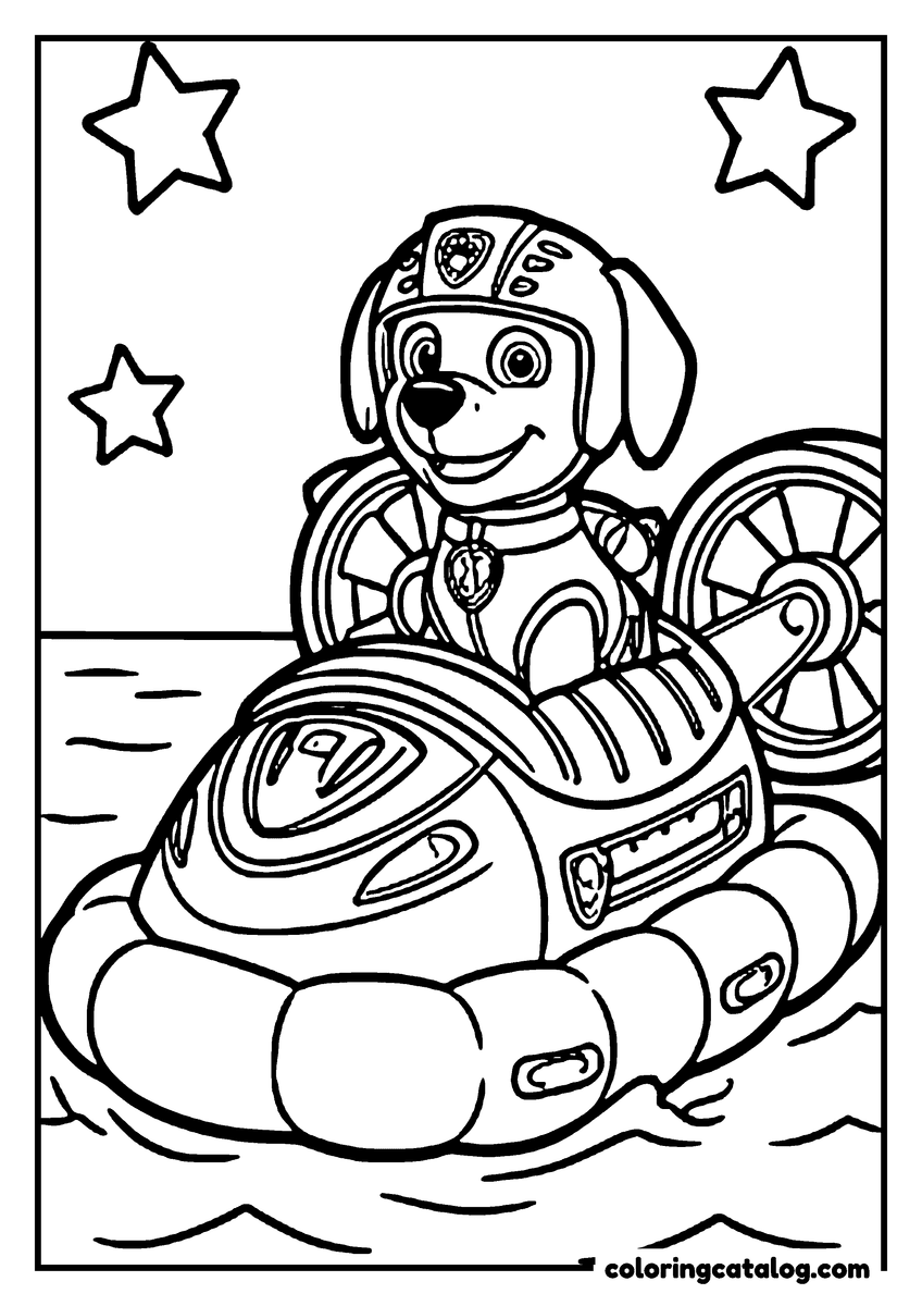 Paw patrol coloring page: Zuma steering his hovercraft across the water in his helmet, under a sky of stars