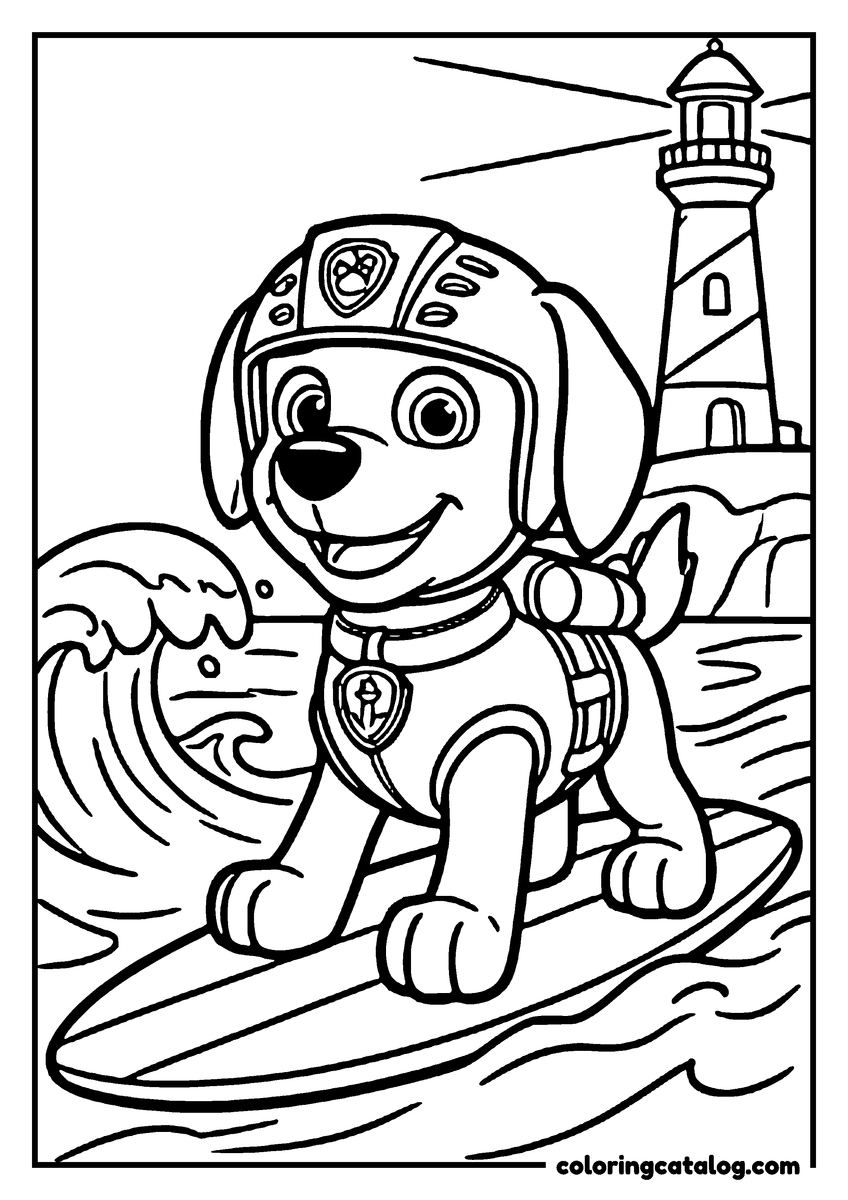 Printable Paw patrol coloring page: Zuma surfing a wave on his board, a lighthouse on the headland behind
