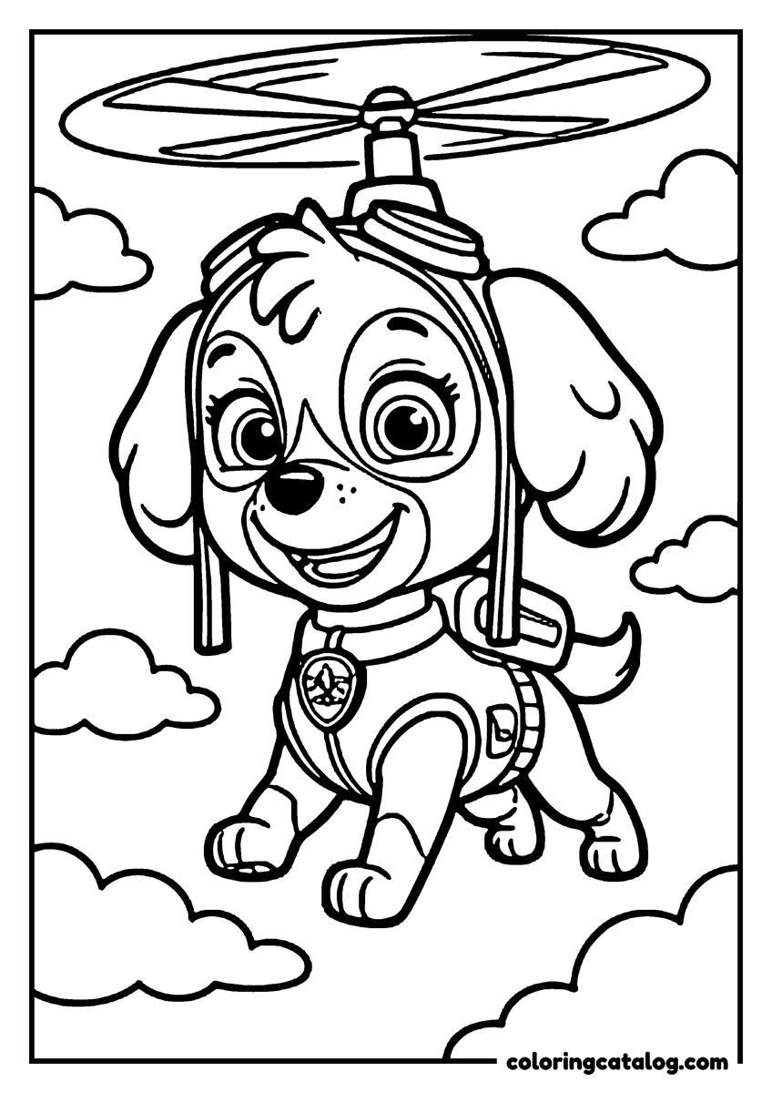 Paw patrol coloring page: Skye hovering in the clouds, the propeller of her pack spinning above her