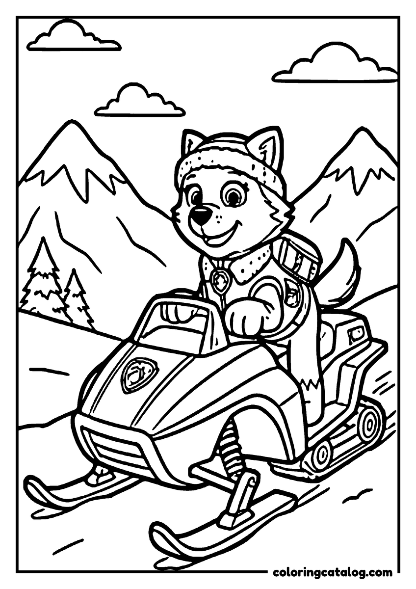 Paw patrol coloring page: Everest riding a snowmobile through the mountains, firs and snowy peaks behind her