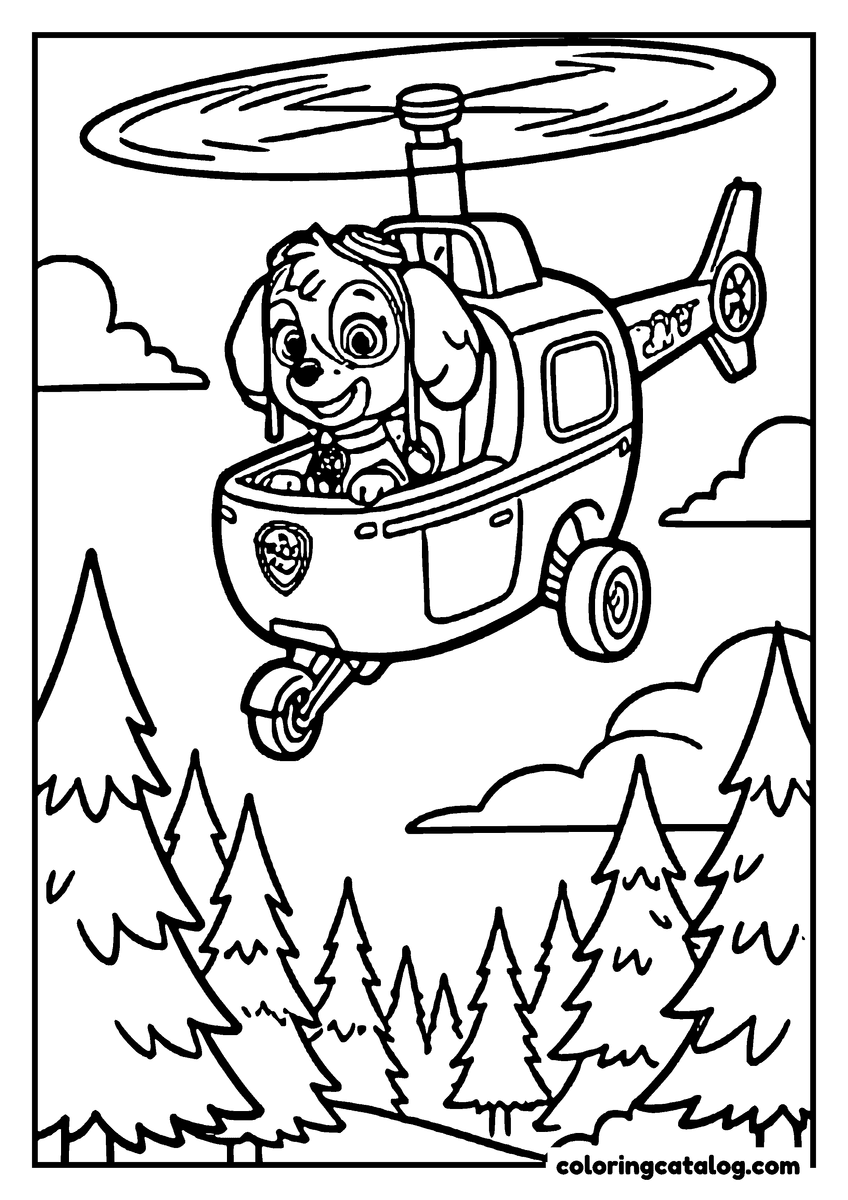 Paw patrol coloring page: Skye flying her helicopter above a forest of fir trees