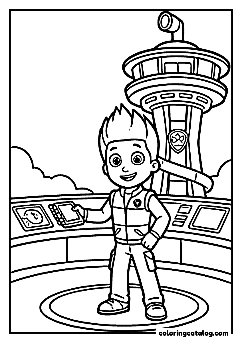 Paw patrol coloring page: Ryder holding his pup pad at the control desk, the Lookout tower rising behind him