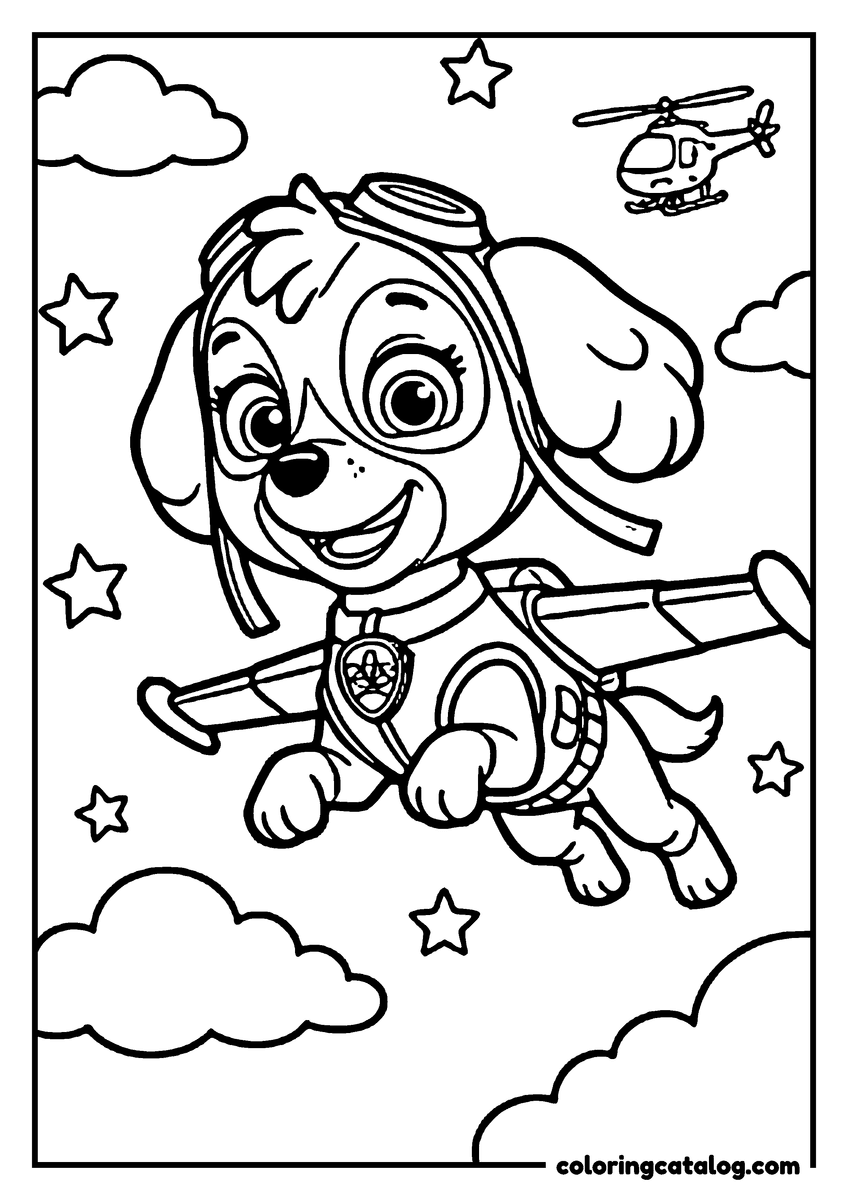 Free Paw patrol coloring sheet: Skye gliding on her wing pack among the clouds, a helicopter small in the distance