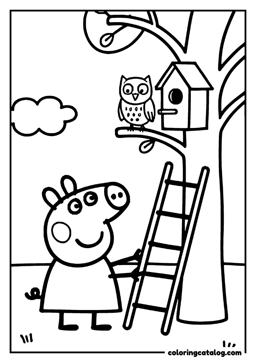 Coloring page: Peppa Pig holding a ladder against a tree, an owl perched beside the birdhouse above