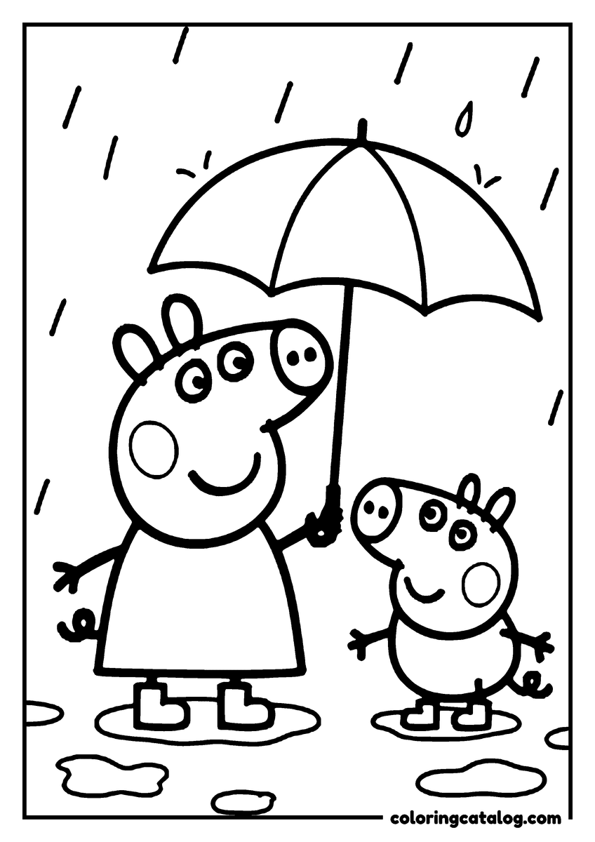 Coloring page: Peppa Pig and George are standing in the rain, holding an umbrella, with puddles around them