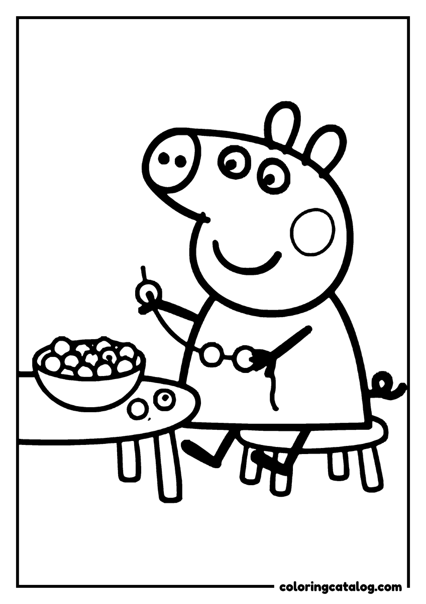 Coloring page: Peppa Pig sitting at a low table with a bowl of apples, one hand raised