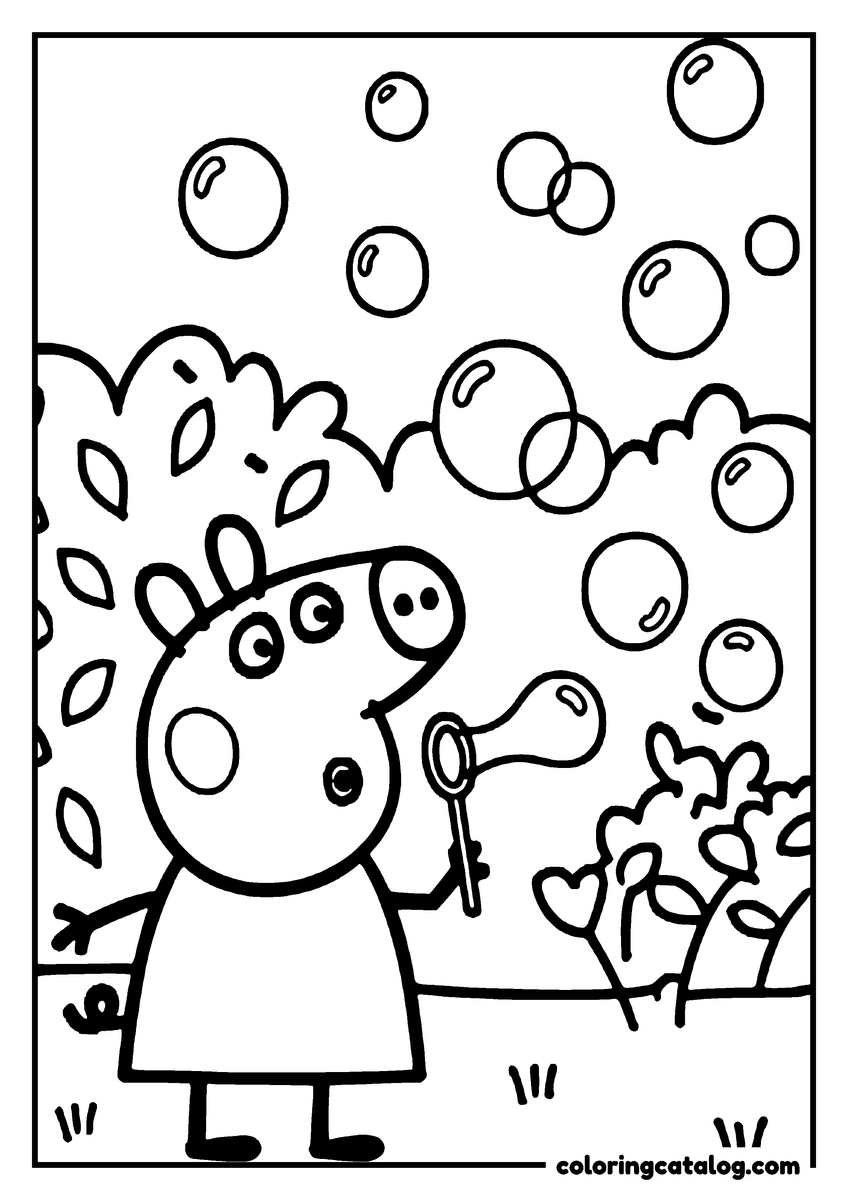Printable coloring page: Peppa Pig blowing soap bubbles in a garden of leaves and flowers