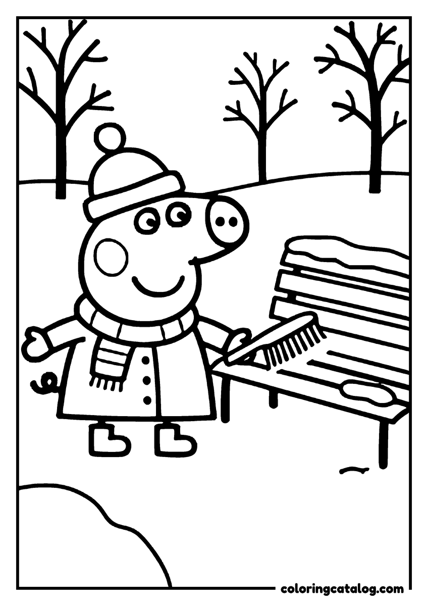 Coloring page: Peppa Pig brushing snow off a park bench, in a woolly hat and scarf among bare trees