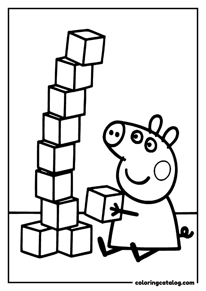 Free printable coloring sheet: Peppa Pig building a tower of blocks, standing next to it with one more block ready