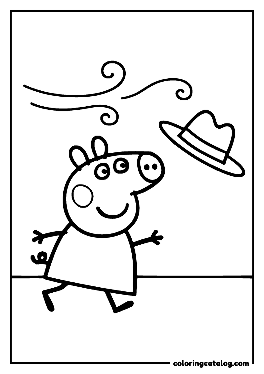 Printable coloring page: Peppa Pig running after a hat the wind has taken, swirls of wind above