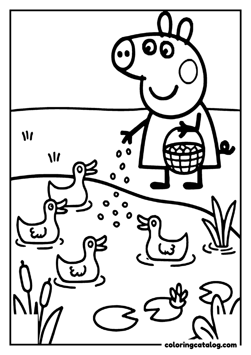 Coloring page: Peppa Pig feeding ducks in a pond with lily pads and reeds