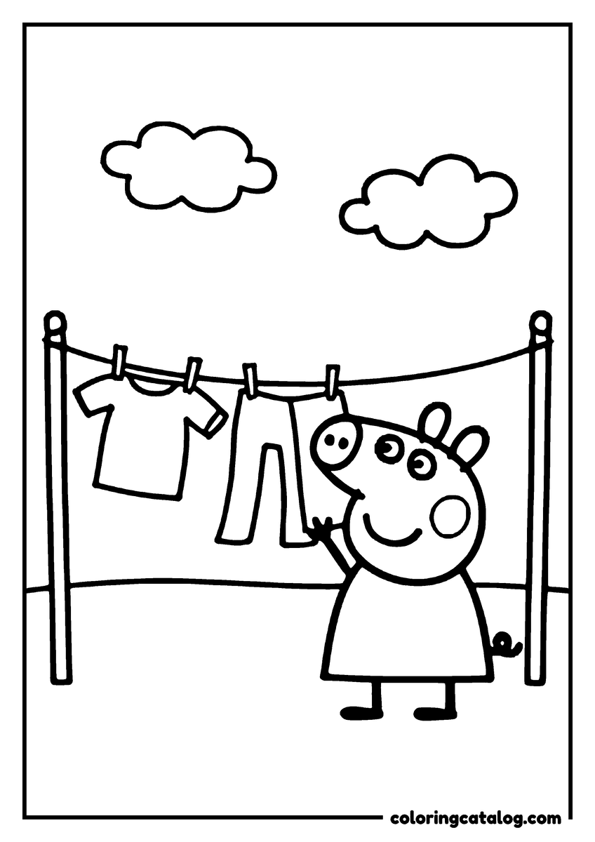 Free printable coloring sheet: Peppa Pig hanging washing on a line strung between two poles, two clouds in the sky
