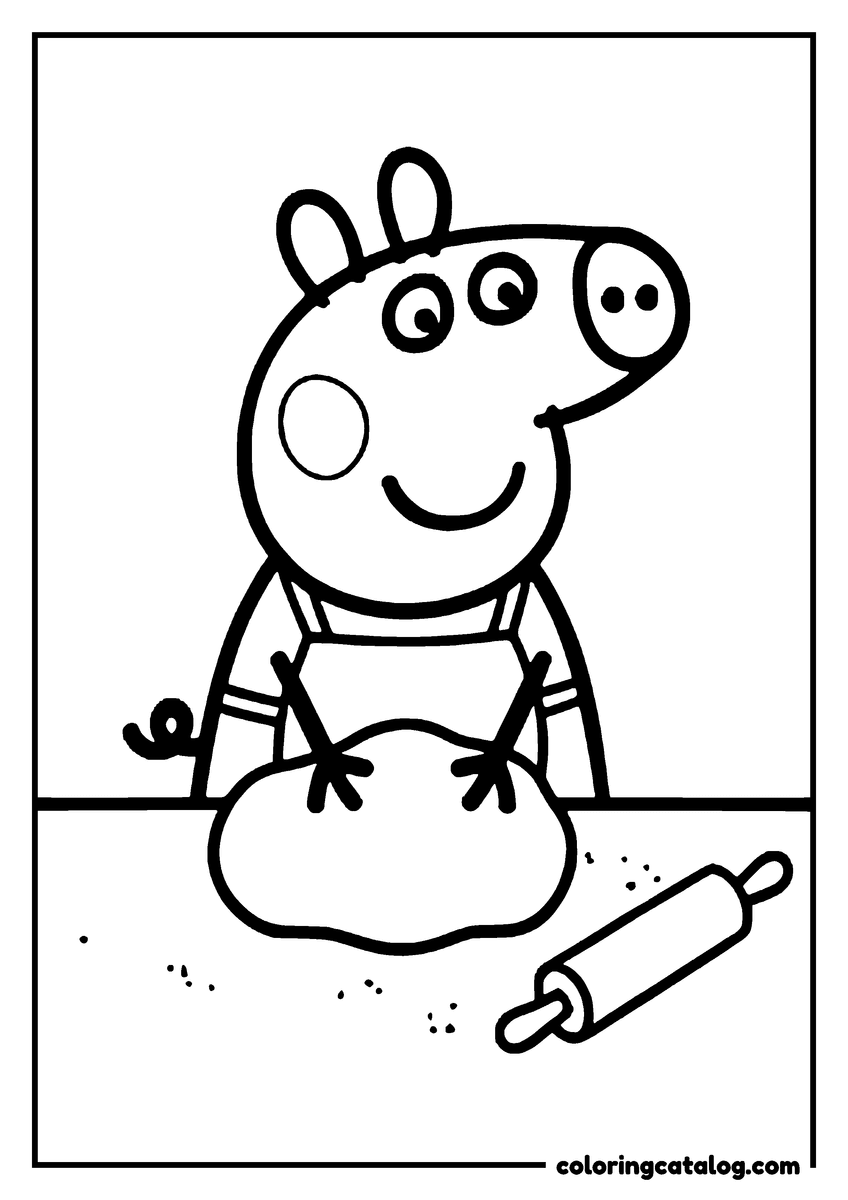 Coloring page: Peppa Pig is baking, wearing an apron, with a rolling pin and dough nearby