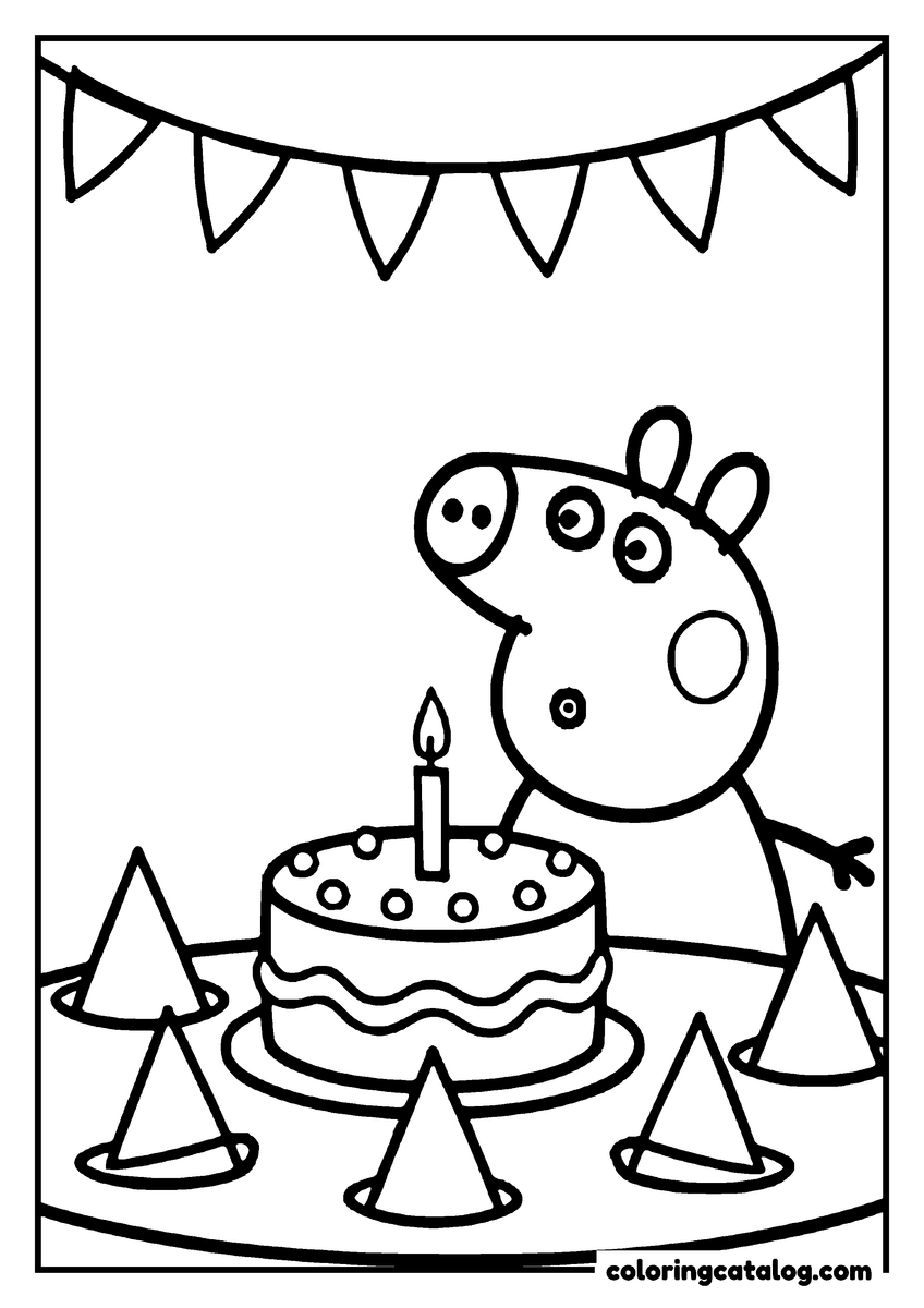 Coloring page: Peppa Pig is blowing out a candle on her birthday cake at a party