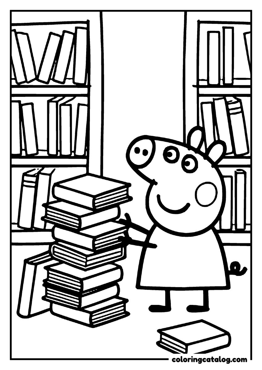 Printable coloring page: Peppa Pig is building a tower of books in a library