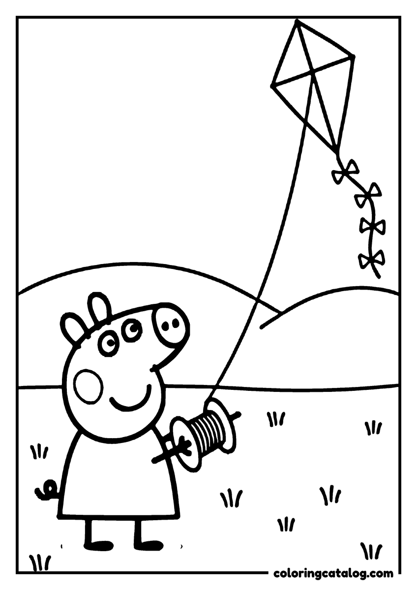 Printable coloring page: Peppa Pig is flying a kite in a grassy field
