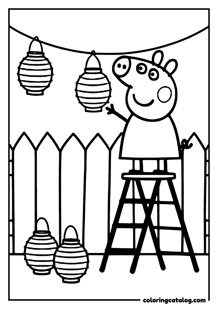 Coloring page: Peppa Pig is hanging lanterns on a string in her backyard