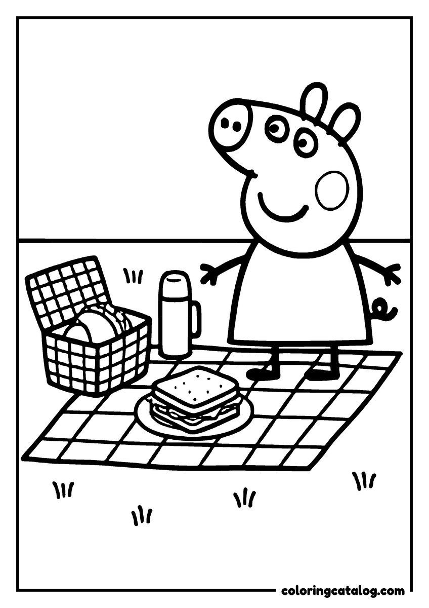 Free printable coloring sheet: Peppa Pig is having a picnic with a sandwich, thermos, and basket on a checkered blanket
