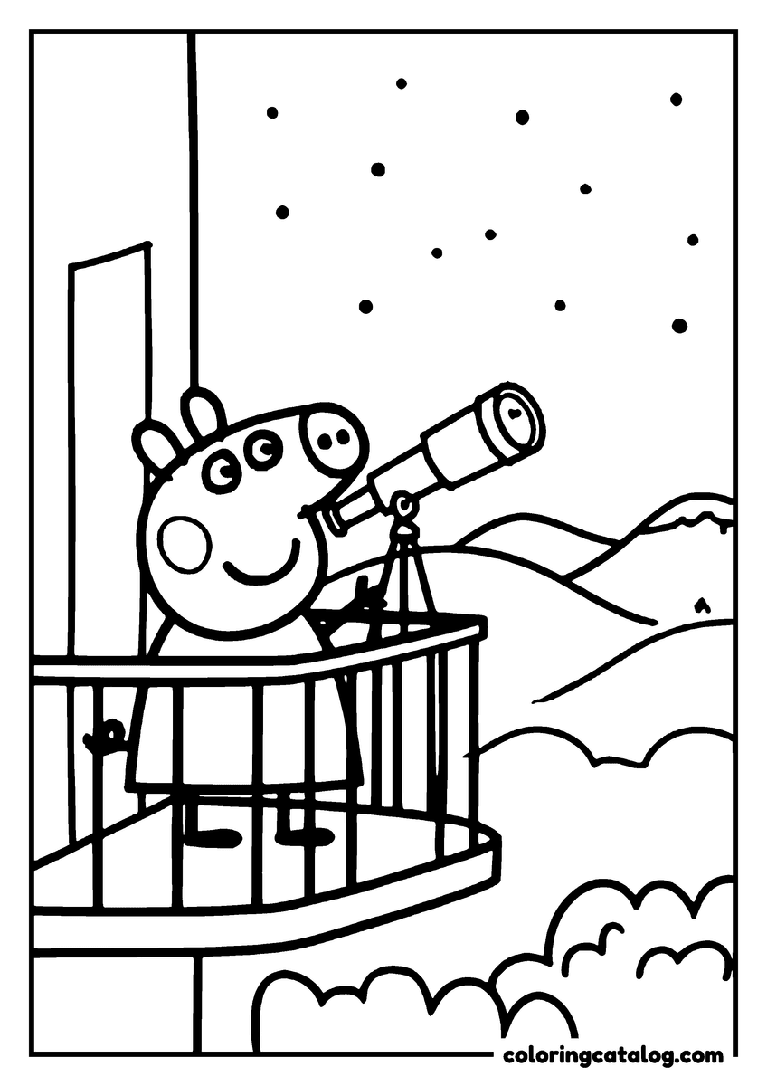 Printable coloring page: Peppa Pig is looking through a telescope at the night sky